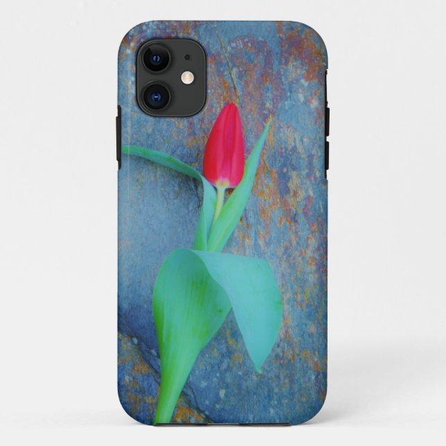 Red Tulip on Blue Grey Slate Case-Mate iPhone Case (Back)