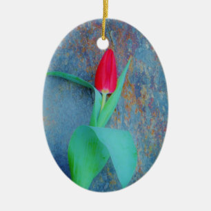 Red Tulip on Blue Grey Slate Ceramic Ornament