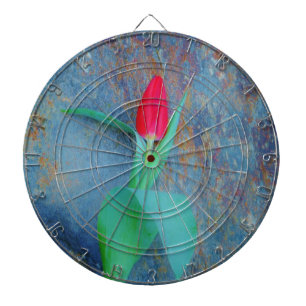 Red Tulip on Blue Grey Slate Dartboard