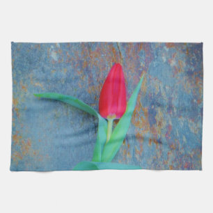 Red Tulip on Blue Grey Slate Kitchen Towel