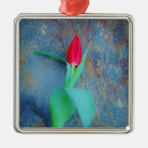 Red Tulip on Blue Grey Slate Metal Ornament
