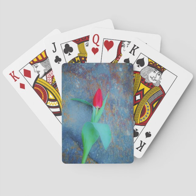 Red Tulip on Blue Grey Slate Playing Cards (Back)