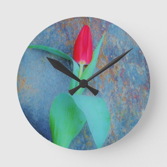 Red Tulip on Blue Grey Slate Round Clock (Front)