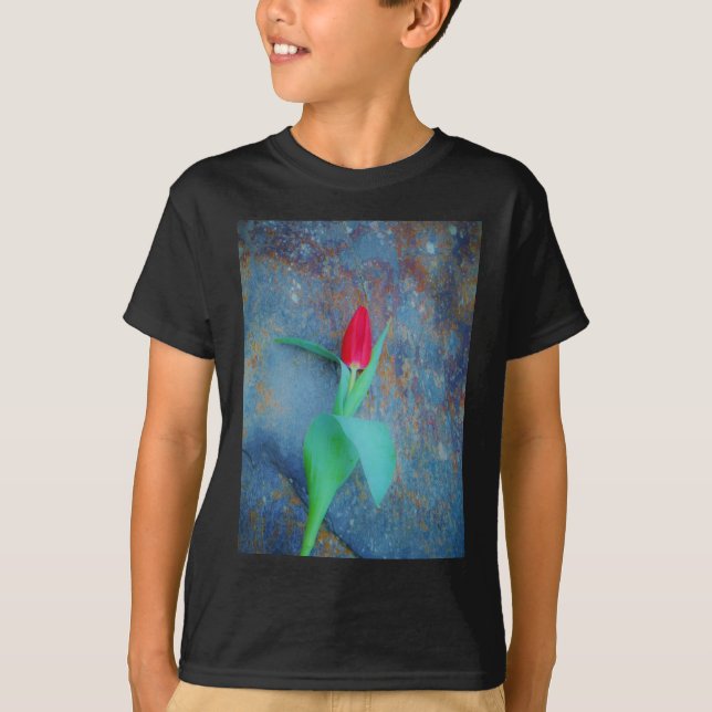 Red Tulip on Blue Grey Slate T-Shirt (Front)