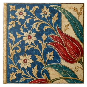 Red Tulip on Cobalt Blue Floral Art   Tile
