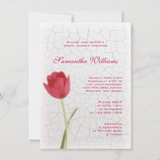 Red Tulip on Crackle Paint Bridal Shower Invitation (Front)