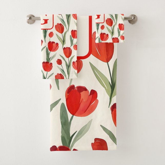 Red tulip pattern personalized monogram bath towel set (Insitu)