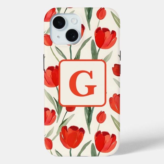 Red tulip pattern personalized monogram Case-Mate iPhone case (Back)