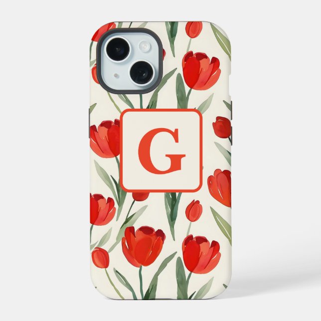 Red tulip pattern personalized monogram iPhone 15 case (Back)