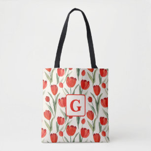 Red tulip pattern personalized monogram tote bag