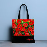 Red Tulip Personalized Tote Bag<br><div class="desc">Such a stunning design with a pattern of bright red tulip flowers on a background of green leaves. Add your name for a personalized touch or delete the text for your custom tote. Designed for you by Evco Studio</div>