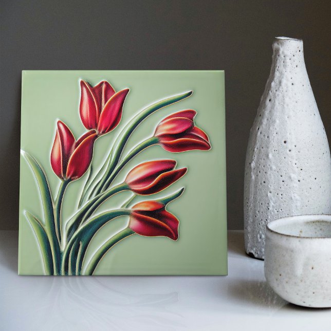 Red Tulip Wall Decor Art Nouveau Art Deco Tile (Creator Uploaded)