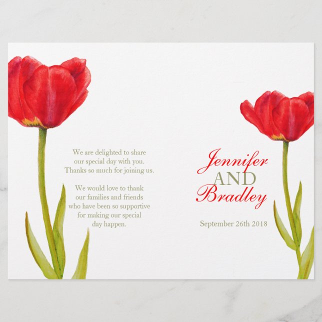 Red tulip watercolor art large wedding programme (Front)