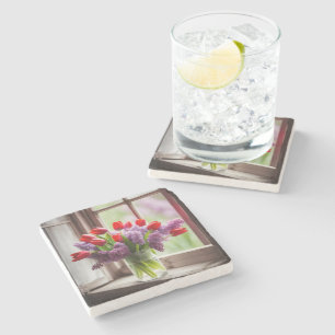 Red Tulips and Lilac Bouquet Stone Coaster
