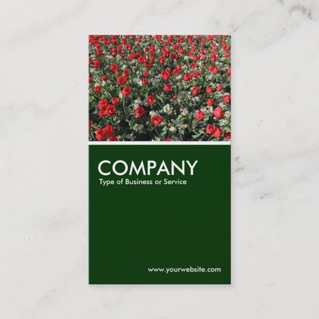 Red Tulips and Primroses - Dark Green Business Card (Front)