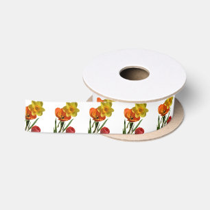 Red tulips and yellow daffodil flowers satin ribbon