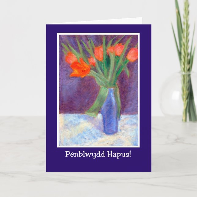 Red Tulips Birthday Card, Welsh Greeting Card (Front)