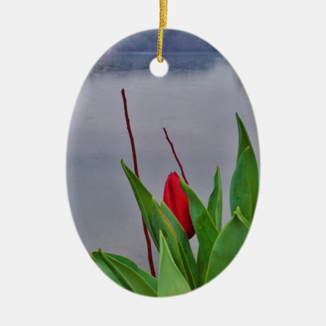 Red Tulips Blue Lake Arrowhead water Ceramic Ornament (Front)