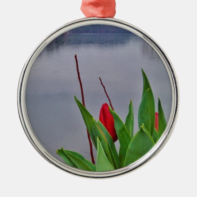 Red Tulips Blue Lake Arrowhead water Metal Ornament (Front)