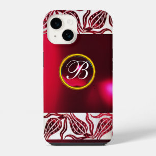 RED TULIPS DAMASK TULIP MONOGRAM Burgundy White iPhone 14 Case
