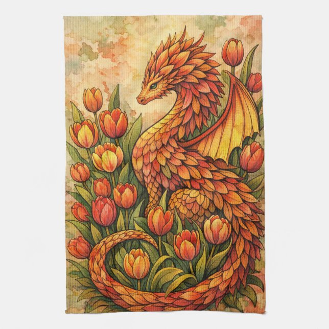 Red Tulips Dragon Spring Dragons                   Kitchen Towel (Vertical)