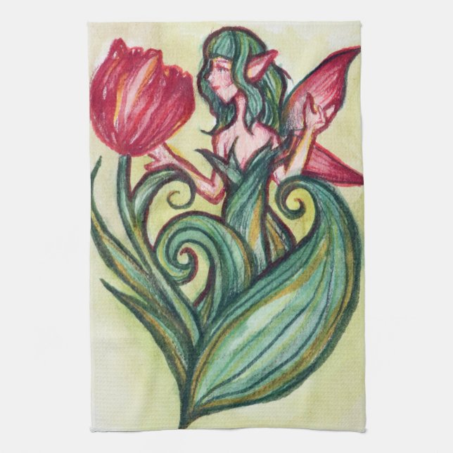 Red Tulips Fairy Kitchen Towel (Vertical)