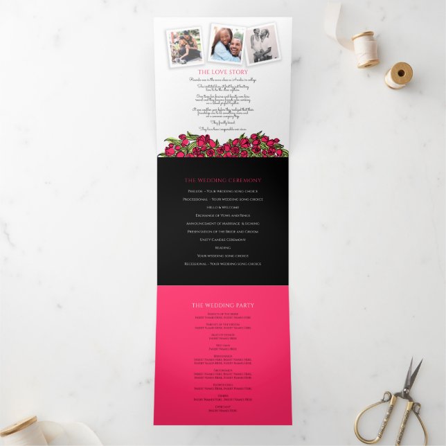 Red tulips heart art story dedication wedding  Tri-Fold programme (Inside)