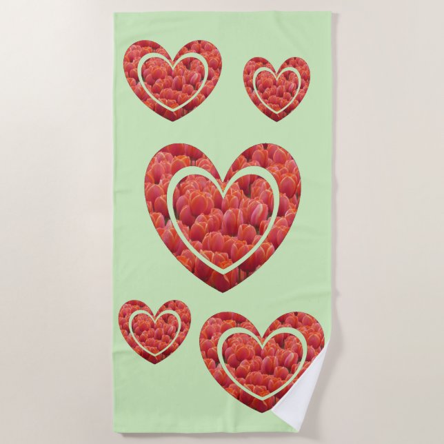 Red Tulips Hearts Cust. Backgr. Colour Beach Towel (Front)