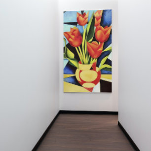 Red Tulips In A Red And Yellow Vase Canvas Print
