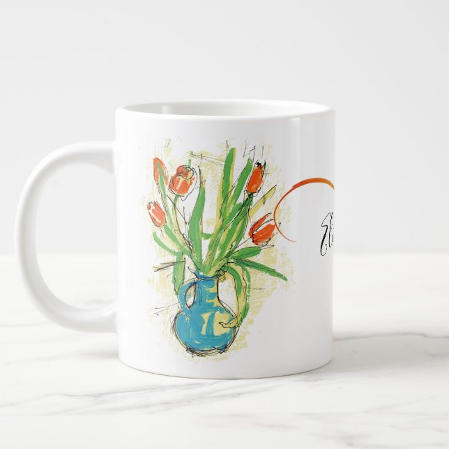 Red Tulips in Blue Vase Spring Floral Monogrammed Large Coffee Mug (Left)