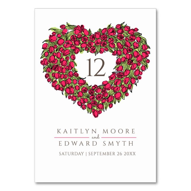 Red tulips monogram wedding custom table number (Front)