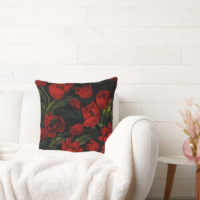 Red Tulips on Black Throw Pillow (Couch)