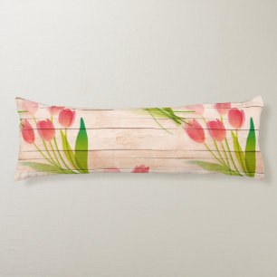 Red Tulips on Clean Wood Background Body Pillow