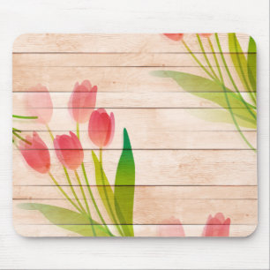 Red Tulips on Clean Wood Background Mouse Pad
