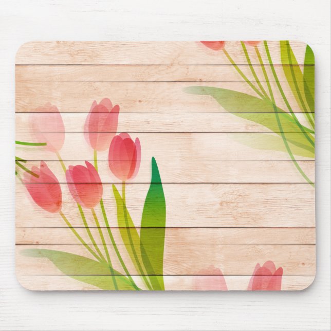 Red Tulips on Clean Wood Background Mouse Pad (Front)