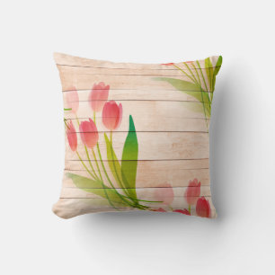 Red Tulips on Clean Wood Background Throw Pillow