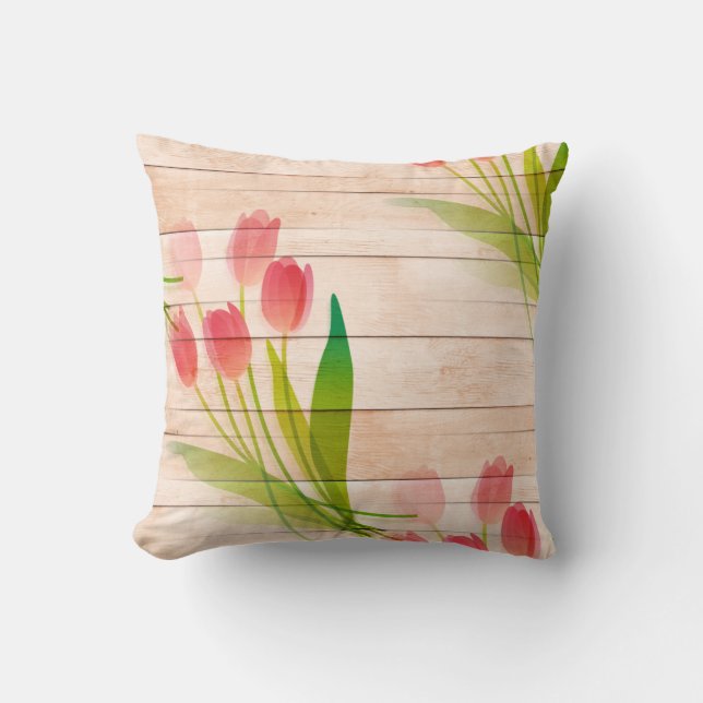 Red Tulips on Clean Wood Background Throw Pillow (Front)