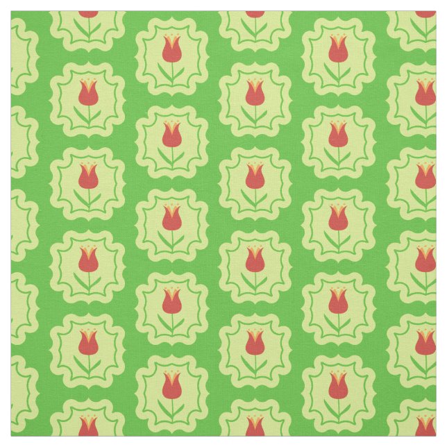 Red Tulips on Green - Retro Spring Floral Pattern Fabric (Swatch)