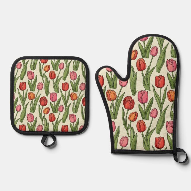 Red Tulips Oven Mitts & Pot Holder Oven Mitt & Pot Holder Set (Front)
