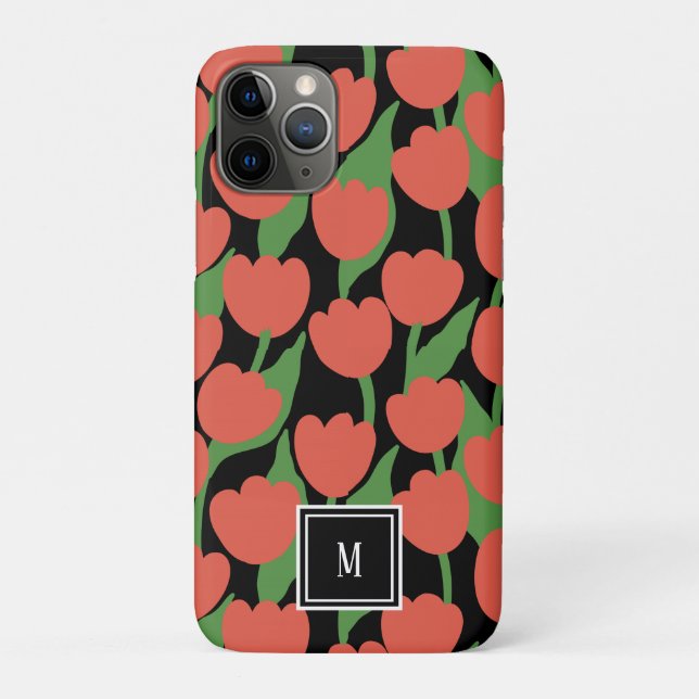 Red tulips retro, personalized monogram  Case-Mate iPhone case (Back)