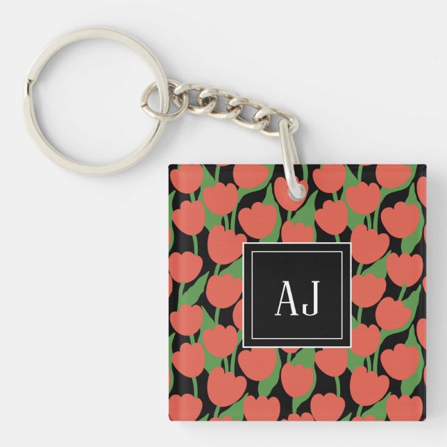 Red tulips retro, personalized monogram  keychain (Front)