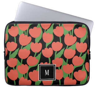 Red tulips retro, personalized monogram laptop sleeve