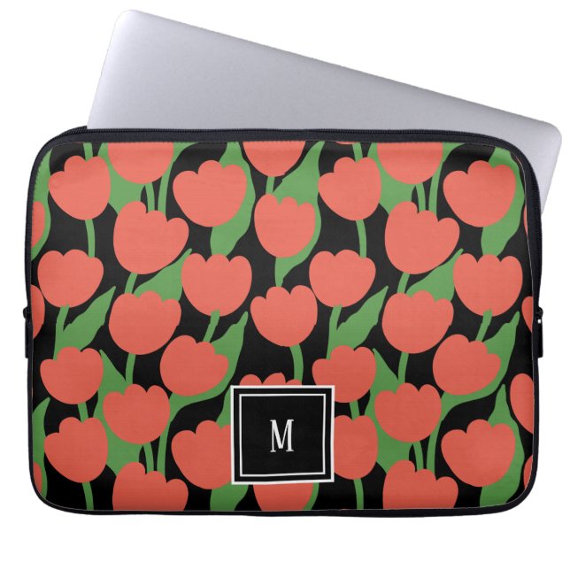 Red tulips retro, personalized monogram  laptop sleeve (Front)