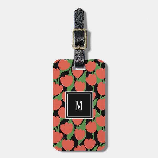 Red tulips retro, personalized monogram  luggage tag (Front Vertical)
