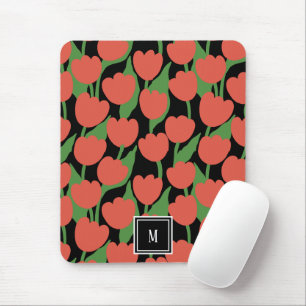Red tulips retro, personalized monogram  mouse pad