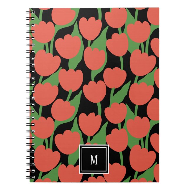 Red tulips retro, personalized monogram  notebook (Front)