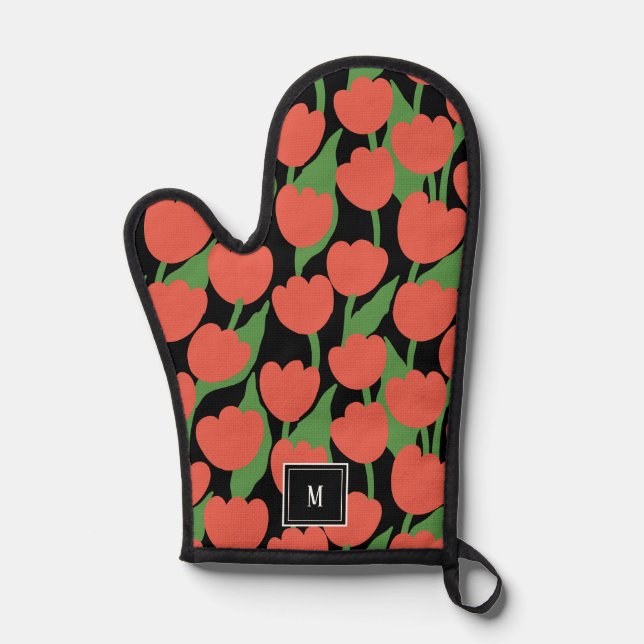 Red tulips retro, personalized monogram  oven mitt (Front)