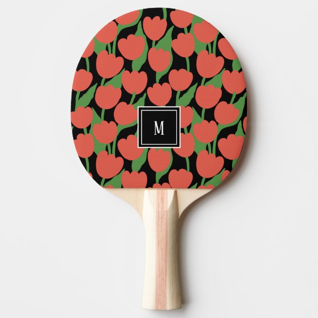 Red tulips retro, personalized monogram  ping pong paddle (Front)
