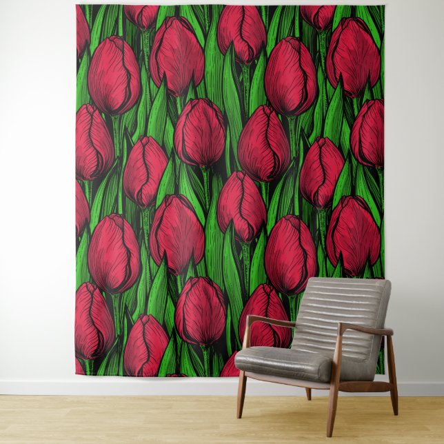Red tulips tapestry (In Situ)