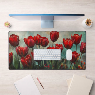 Red Tulips Vintage Floral Painting Desk Mat Mouse 